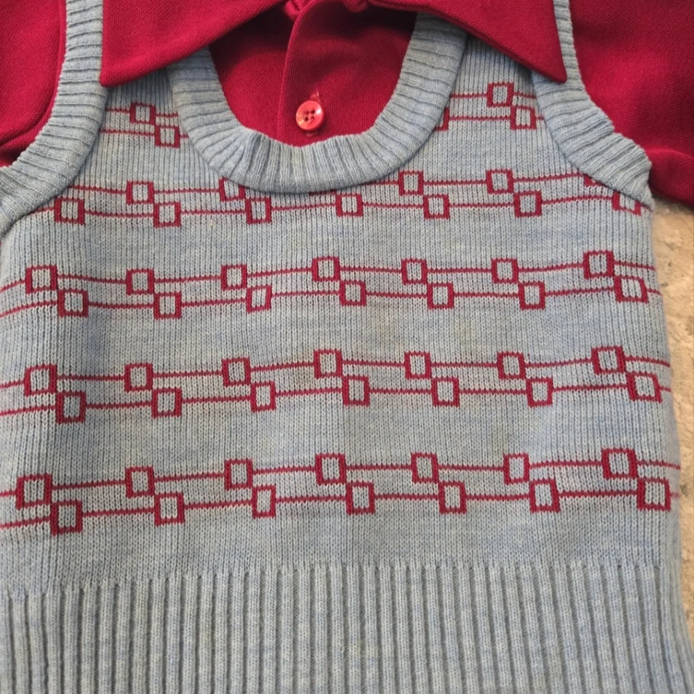 Vintage Maroon Red Collared Shirt and Pastel Blue Patterned Sweater Vest